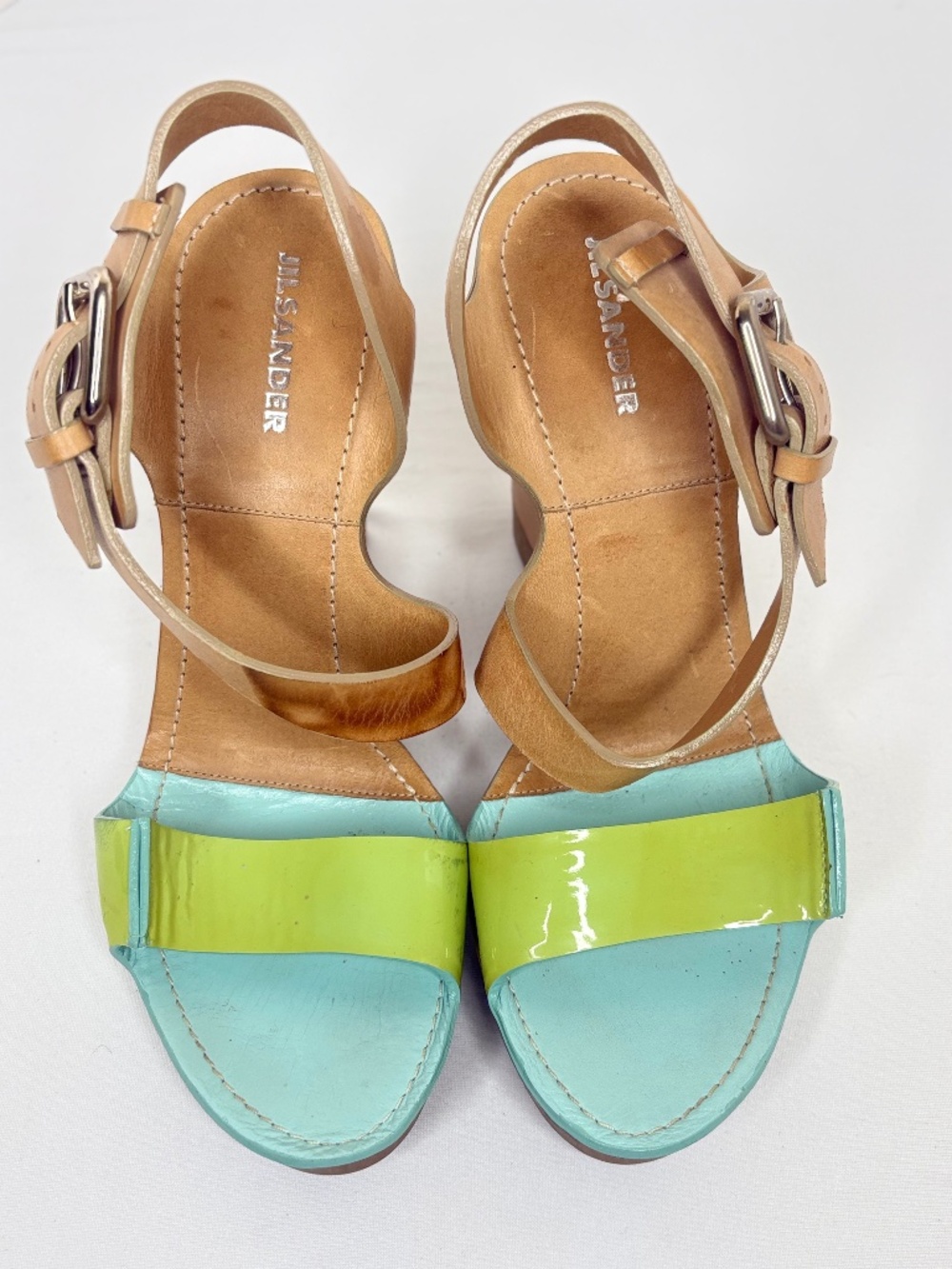 Jil Sander Leather Colorblock Wedge Sandals EU 38 Made in Italy Lime Aqua Tan